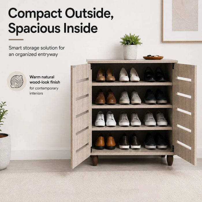 Ricky 14-Pair Shoe Cabinet | 2-Door Wooden Shoe Organiser | 4-Tier Shoe Rack | Modern Design Furniture for Entryway, Hallway, Living Room | Made in Malaysia (L75xW32xH86 cm) - Grey Oak
