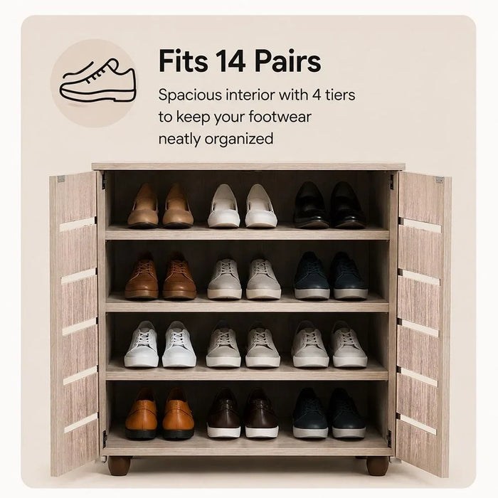 Ricky 14-Pair Shoe Cabinet | 2-Door Wooden Shoe Organiser | 4-Tier Shoe Rack | Modern Design Furniture for Entryway, Hallway, Living Room | Made in Malaysia (L75xW32xH86 cm) - Grey Oak