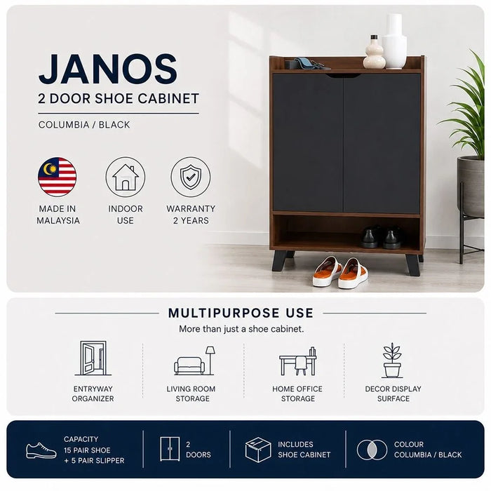 Janos 2 Door Shoe Cabinet Modern Design Wooden Furniture Shoe Organiser For Entryway Hallway Made in Malaysia Shoe Rack L 80 x W 37.8 x H 117 cm Columbia/Black