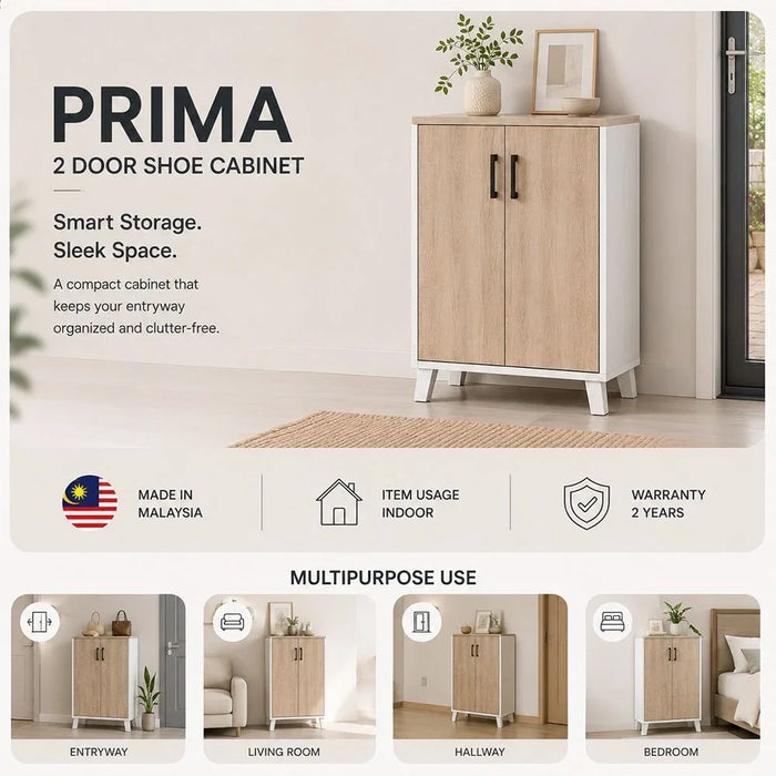 Prima 2 Door Shoe Cabinet Modern Design Wooden Furniture Shoe Organiser For Entryway Hallway Made in Malaysia Shoe Rack L 60 x W 30 x H 88 cm White/Sonoma Oak