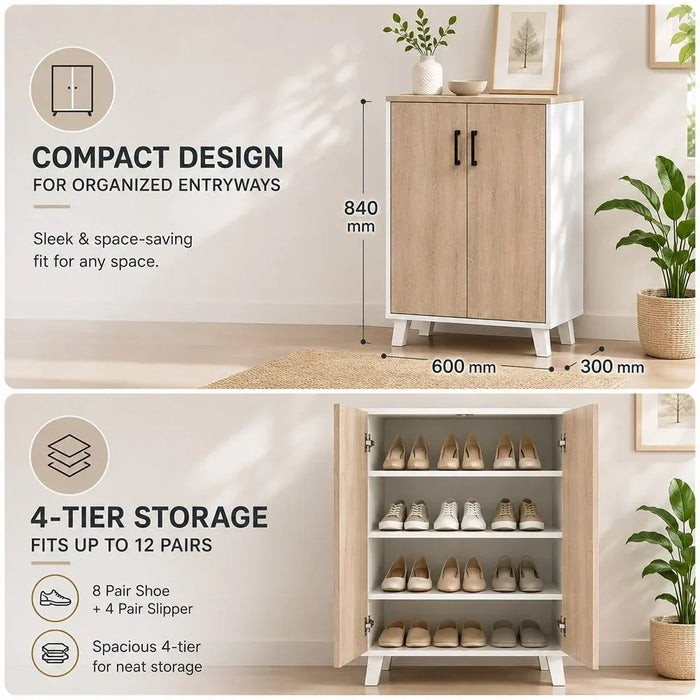 Prima 2 Door Shoe Cabinet Modern Design Wooden Furniture Shoe Organiser For Entryway Hallway Made in Malaysia Shoe Rack L 60 x W 30 x H 88 cm White/Sonoma Oak