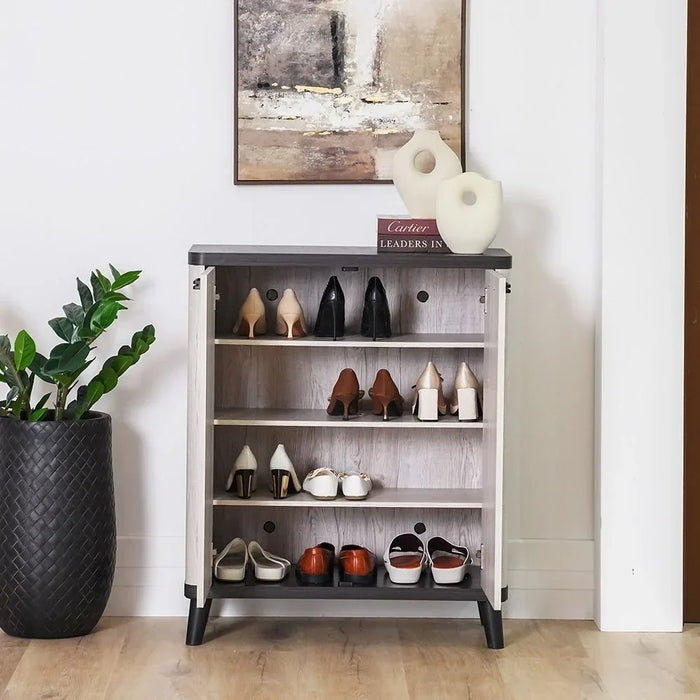 Kirwin 2 Doors Shoe Cabinet 14 Pairs Of Shoes| Modern Design Furniture Wooden Shoe Organizer For Entryway Hallway Made In Malaysia L80Xw38Xh97Cm - Grey Oak/Black