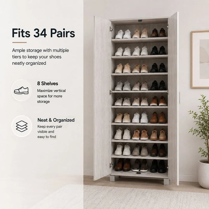Sandor 2 Door Tall Shoe Rack | 34 Pairs Of Shoes| Modern Design Furniture | Wooden Shoe Cabinet Organizer For Entryway Hallway | Made In Malaysia | L60xW37xH185cm - Snow Oak