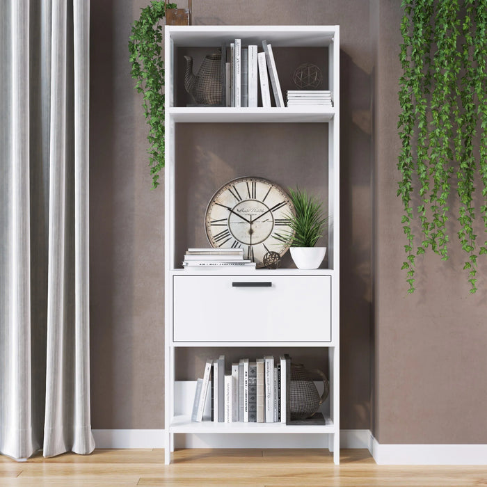 Aggron Book Case With 1 Door Cabinet 4 Tier Modern Design Wooden Book Organiser Cupboard Space Saving Display Storage Rack For Home Office Living Room Kitchen White