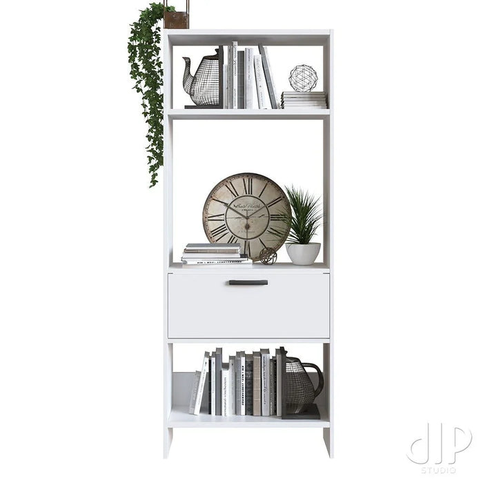 Aggron Book Case With 1 Door Cabinet 4 Tier Modern Design Wooden Book Organiser Cupboard Space Saving Display Storage Rack For Home Office Living Room Kitchen White