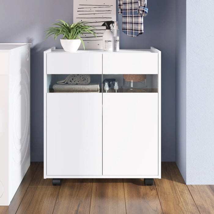 Banette 2 Door Laundry Cabinet 2 Tier Modern Design Wooden Laundry Organiser Cupboard Space Saving Display Storage Rack For Home White