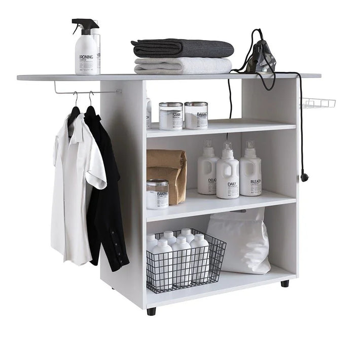 Farret Ironing Board With 2 Door Cabinet Modern Design Wooden Organiser Cupboard Multifunctional Display Rack Bookcase For Home Office 105x38x85.3 Cm White