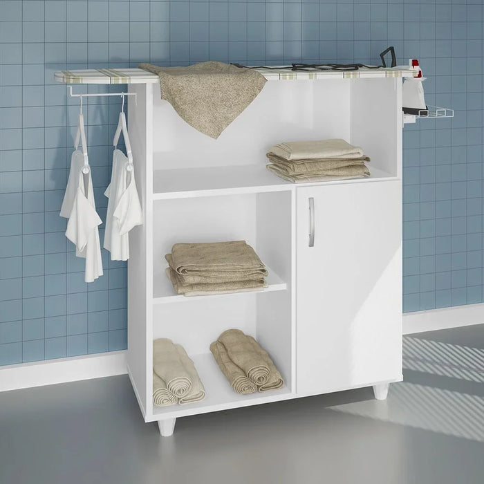 Cleffa Ironing Board With Cabinet 4 Tier Modern Design Wooden Organiser Cupboard Space Saving Display Storage Rack For Home White