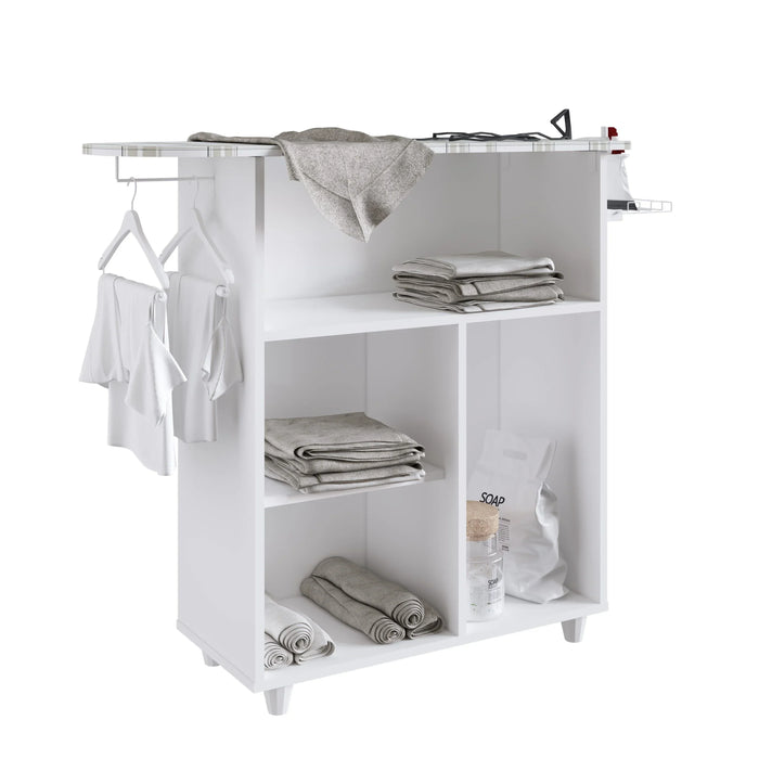 Cleffa Ironing Board With Cabinet 4 Tier Modern Design Wooden Organiser Cupboard Space Saving Display Storage Rack For Home White