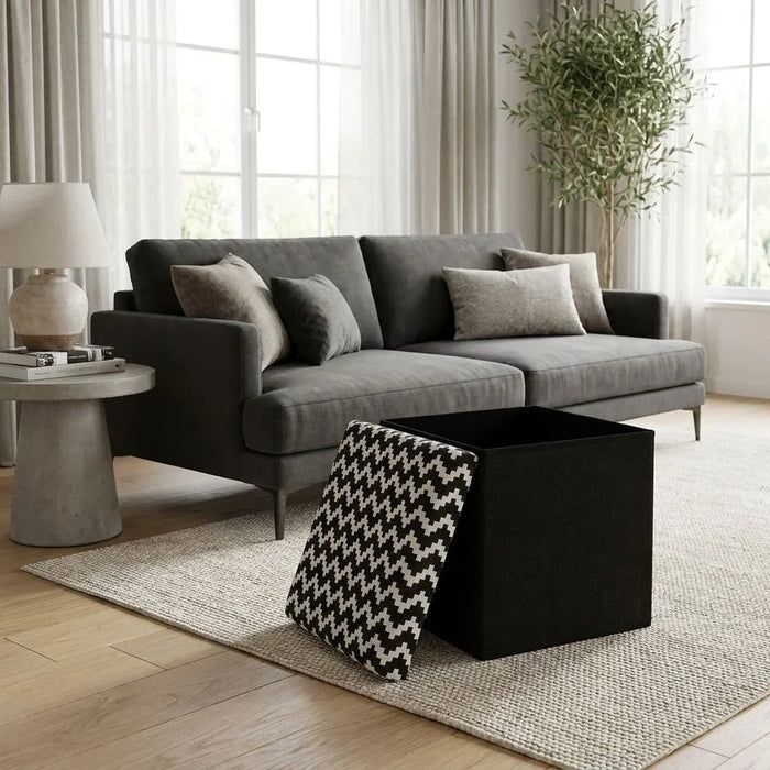 Zigger Folding Storage Ottoman | Multi-Functional Stool | Upholstered Footrest With Storage L38xW38xH37.5cm -Black