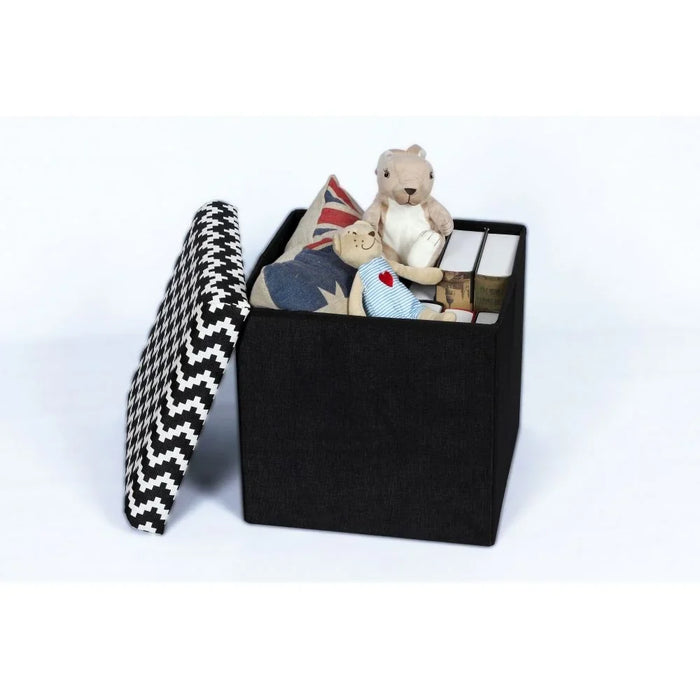 Zigger Folding Storage Ottoman | Multi-Functional Stool | Upholstered Footrest With Storage L38xW38xH37.5cm -Black