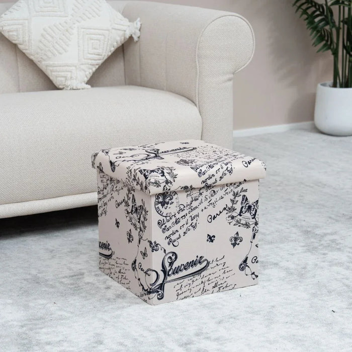 Pattern Folding Storage Ottoman | Multi-Functional Stool | Upholstered Footrest With Storage L38xW38xH37.5cm -Beige