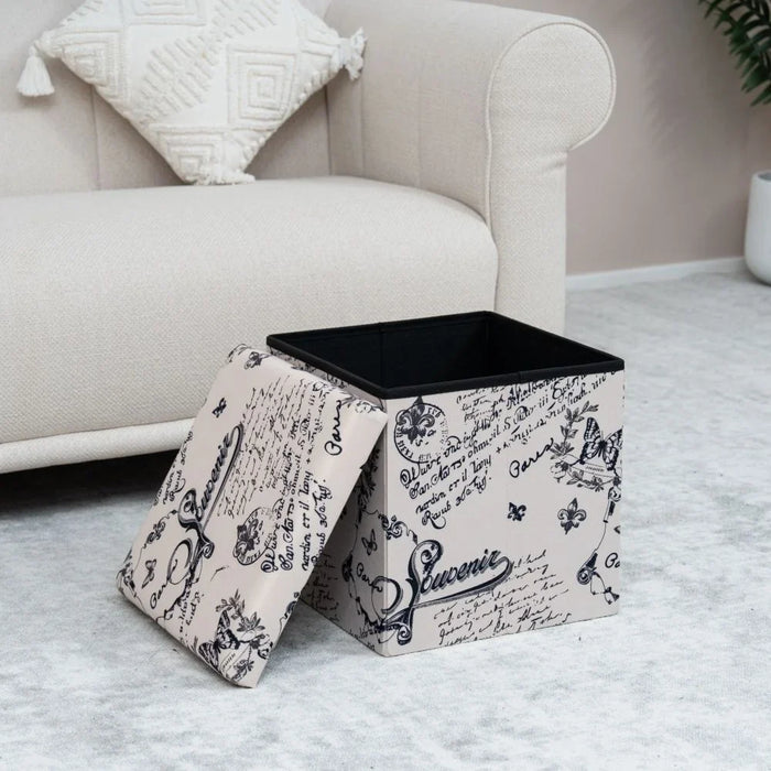 Pattern Folding Storage Ottoman | Multi-Functional Stool | Upholstered Footrest With Storage L38xW38xH37.5cm -Beige