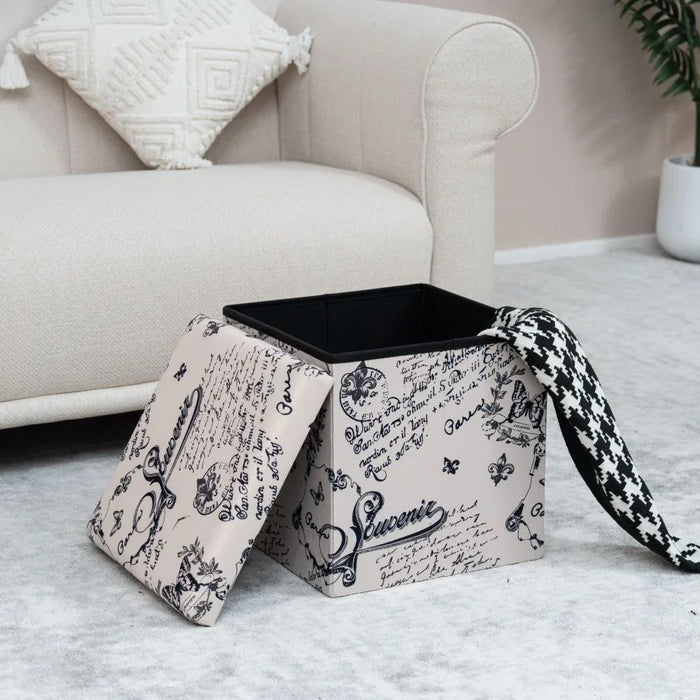 Pattern Folding Storage Ottoman | Multi-Functional Stool | Upholstered Footrest With Storage L38xW38xH37.5cm -Beige