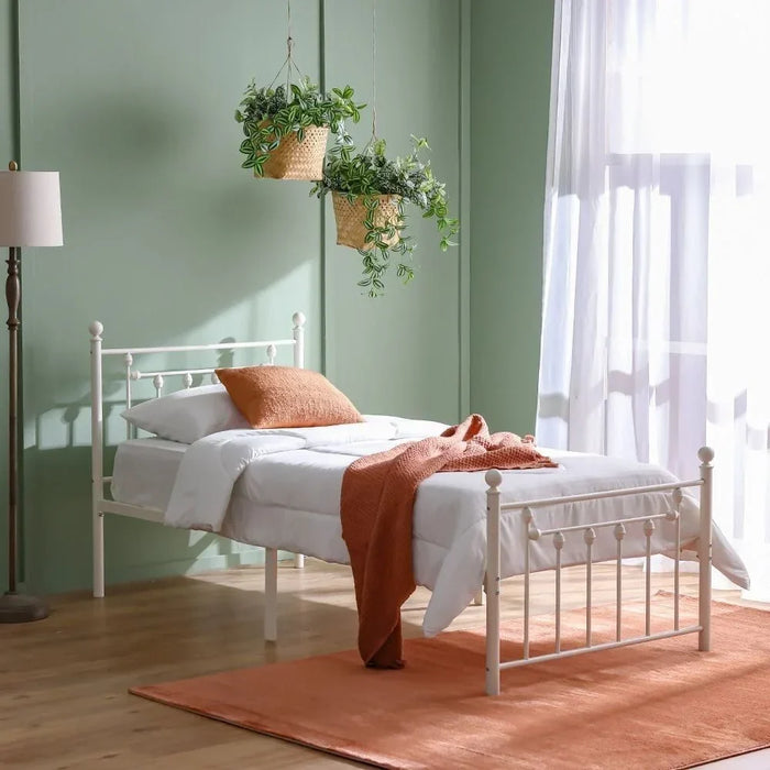 Bella Arrow 90x200 Metal Single Bed | Modern Design Kids Metal Single Bed Frame Furniture | Comfortable Bed (Mattress Not Included) L210.8xW98.2xH100cm-White