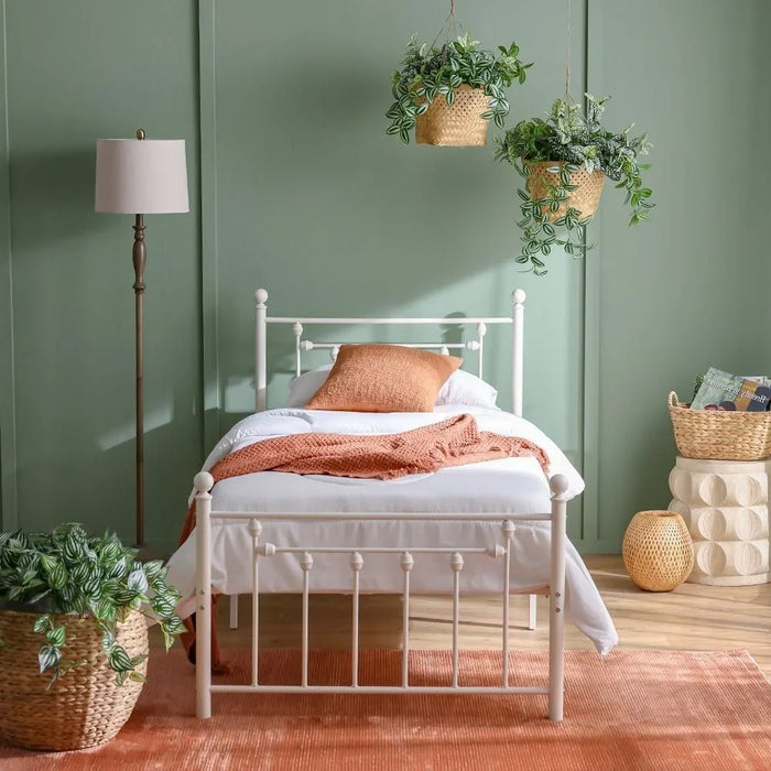 Bella Arrow 90x200 Metal Single Bed | Modern Design Kids Metal Single Bed Frame Furniture | Comfortable Bed (Mattress Not Included) L210.8xW98.2xH100cm-White