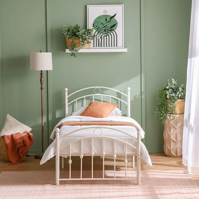 Bella Curve 120x200 Metal Twin Bed | Modern Design Kids Metal Single Bed Frame Furniture | Comfortable Bed (Mattress Not Included) L210.8xW128.2xH101.6cm-White
