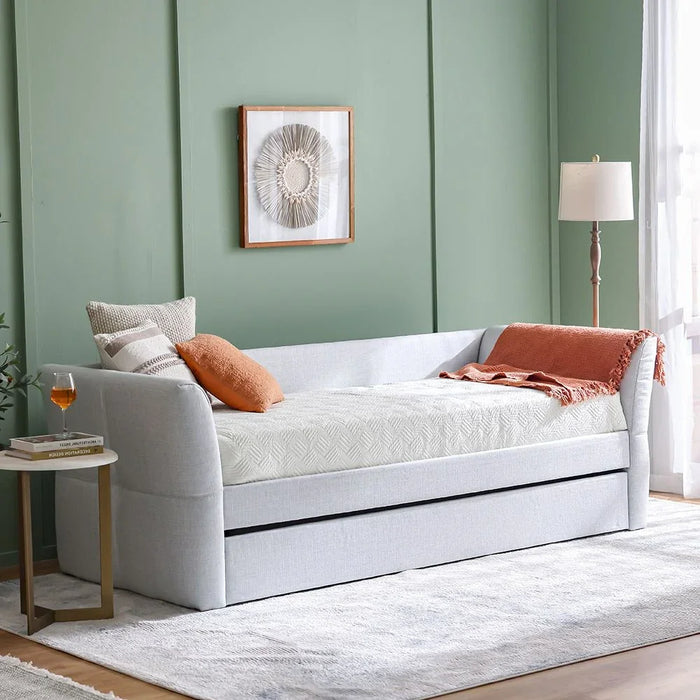 Jack 90X200 Upholstered Day Bed With 90X200 Trundle Bed Without Mattresses | Convertible Sleeping Sofabed | Comfortable Living Room Furniture L242xW95.5xH81.7cm - Light Grey