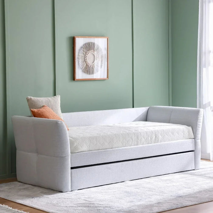 Jack 90X200 Upholstered Day Bed With 90X200 Trundle Bed Without Mattresses | Convertible Sleeping Sofabed | Comfortable Living Room Furniture L242xW95.5xH81.7cm - Light Grey