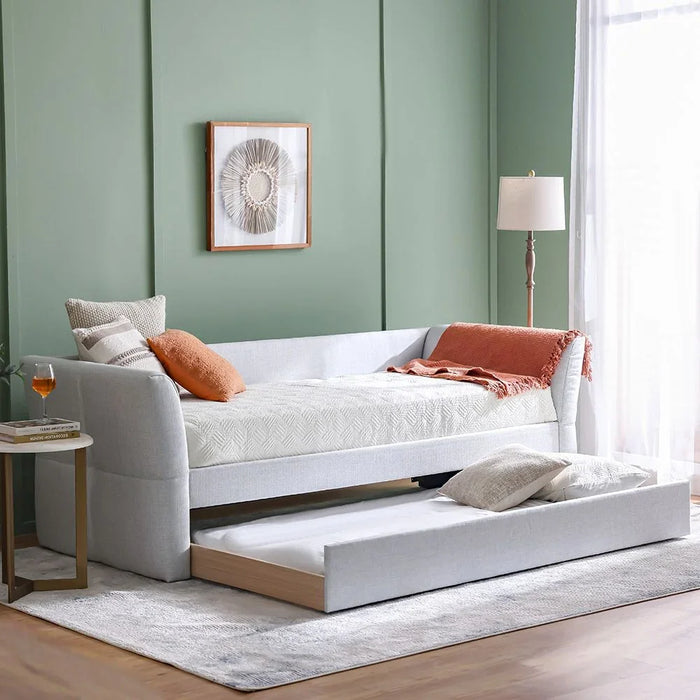 Jack 90X200 Upholstered Day Bed With 90X200 Trundle Bed Without Mattresses | Convertible Sleeping Sofabed | Comfortable Living Room Furniture L242xW95.5xH81.7cm - Light Grey