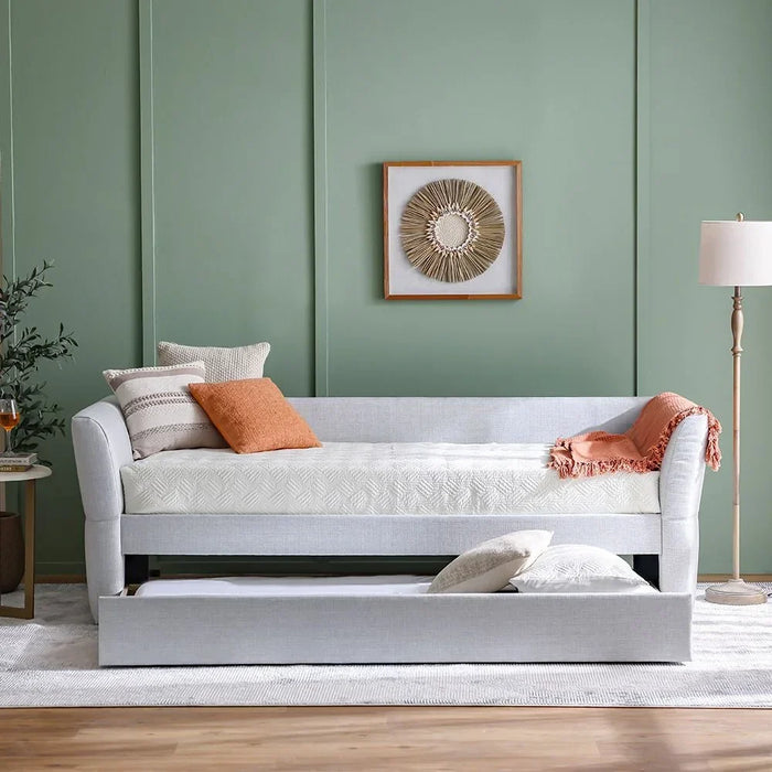 Jack 90X200 Upholstered Day Bed With 90X200 Trundle Bed Without Mattresses | Convertible Sleeping Sofabed | Comfortable Living Room Furniture L242xW95.5xH81.7cm - Light Grey