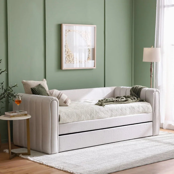Jones 90X200 Upholstered Day Bed With 90X200 Trundle Bed Without Mattresses | Convertible Sleeping Sofabed | Comfortable Living Room Furniture L250xW97xH83.7cm - Light Grey