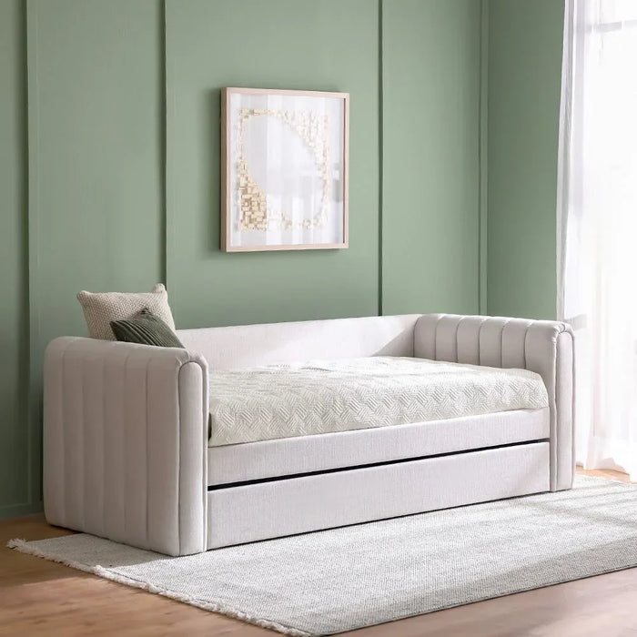 Jones 90X200 Upholstered Day Bed With 90X200 Trundle Bed Without Mattresses | Convertible Sleeping Sofabed | Comfortable Living Room Furniture L250xW97xH83.7cm - Light Grey