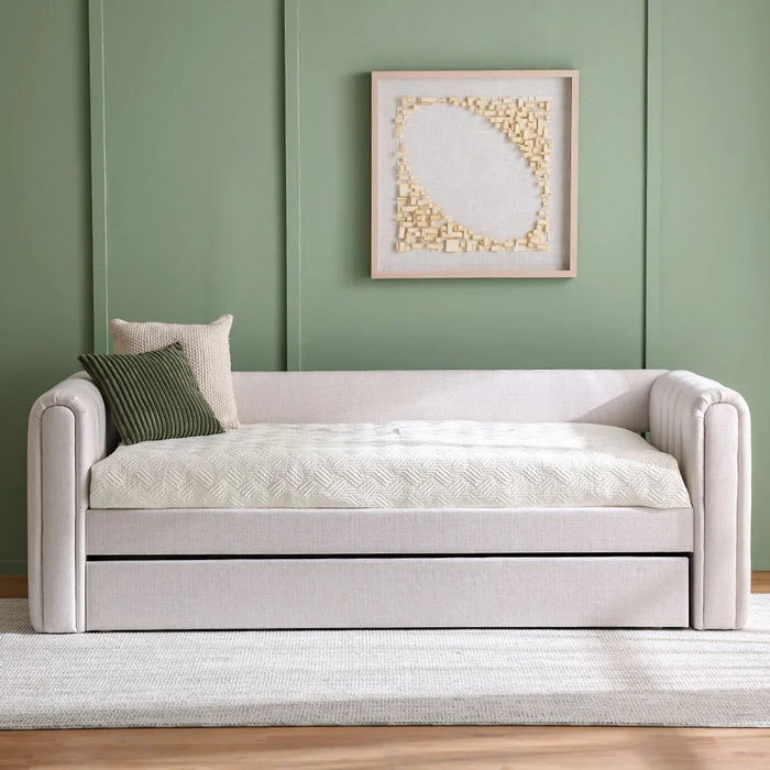 Jones 90X200 Upholstered Day Bed With 90X200 Trundle Bed Without Mattresses | Convertible Sleeping Sofabed | Comfortable Living Room Furniture L250xW97xH83.7cm - Light Grey