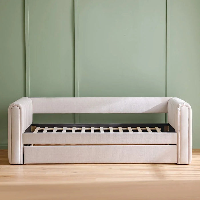 Jones 90X200 Upholstered Day Bed With 90X200 Trundle Bed Without Mattresses | Convertible Sleeping Sofabed | Comfortable Living Room Furniture L250xW97xH83.7cm - Light Grey