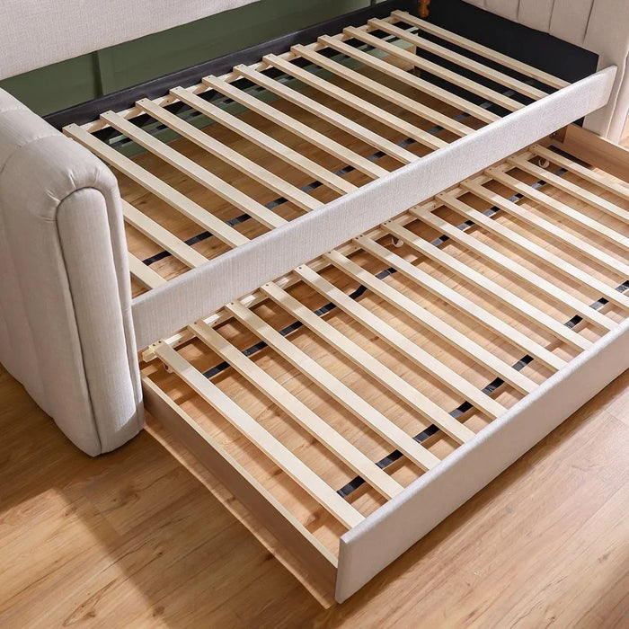 Jones 90X200 Upholstered Day Bed With 90X200 Trundle Bed Without Mattresses | Convertible Sleeping Sofabed | Comfortable Living Room Furniture L250xW97xH83.7cm - Light Grey