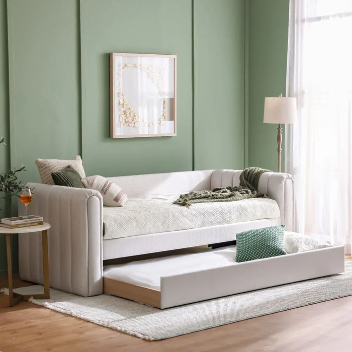 Jones 90X200 Upholstered Day Bed With 90X200 Trundle Bed Without Mattresses | Convertible Sleeping Sofabed | Comfortable Living Room Furniture L250xW97xH83.7cm - Light Grey