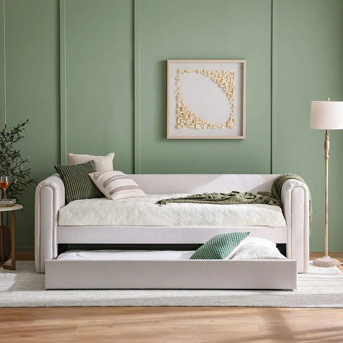 Jones 90X200 Upholstered Day Bed With 90X200 Trundle Bed Without Mattresses | Convertible Sleeping Sofabed | Comfortable Living Room Furniture L250xW97xH83.7cm - Light Grey