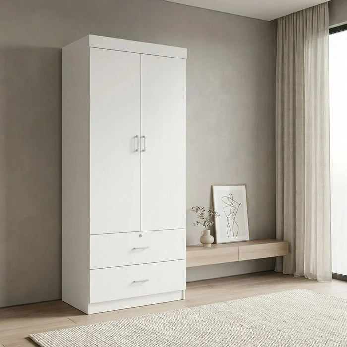 Sante 2 Door + 2 Drawer Wardrobe For Hanging Clothes| Extra Sturdy Rack, Storage Organiser| Modern Design Space Saving Cabinets For Bedroom L 80 x W 42 x H 181 cm - White