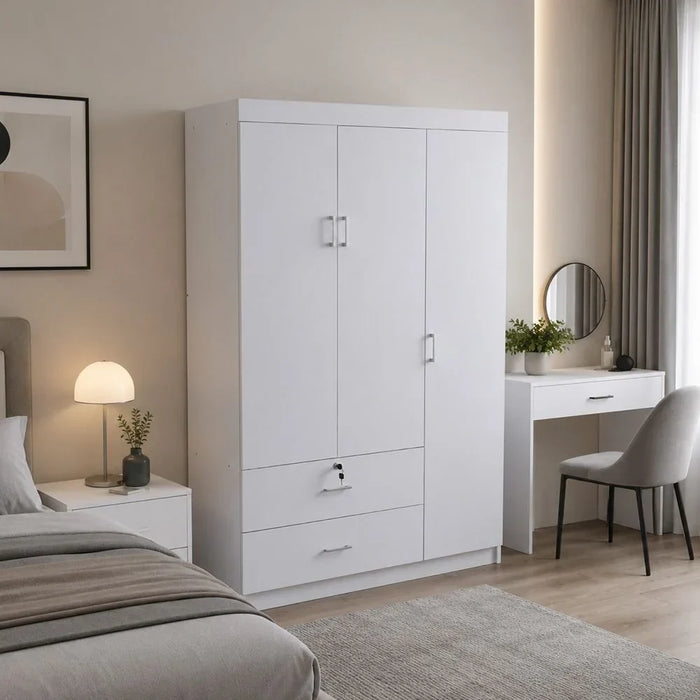 Selva 3 Door + 2 Drawer Wardrobe For Hanging Clothes Extra Sturdy Rack Storage Organiser Modern Design Space Saving Cabinets For Bedroom L 120 x W 42 x H 181 cm White