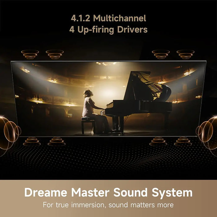 Advertisement for Dreame Master Sound System with a piano player on stage and surround speakers.