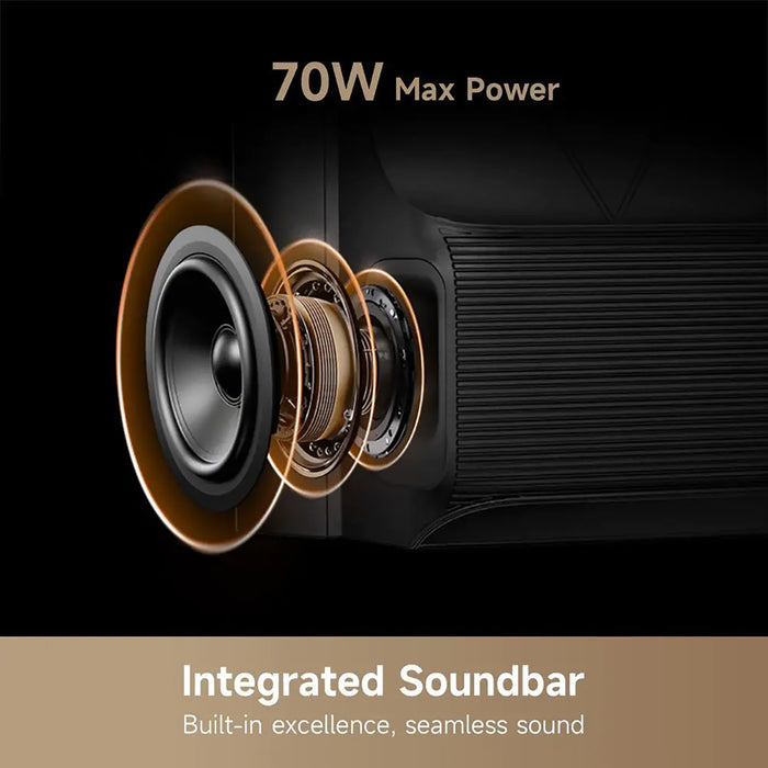 Integrated soundbar with 70W max power on a black background