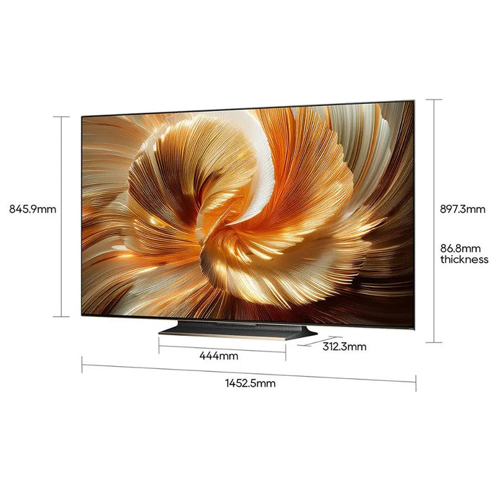 Smart TV with dimensions and thickness displayed on a white background