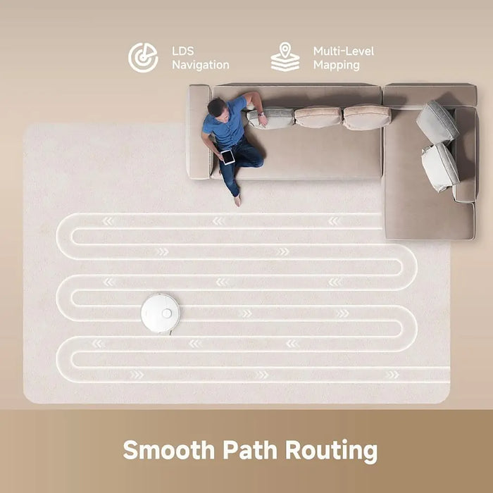 Top-down view of a living room with a robot vacuum cleaner and text indicating LDS Navigation and Multi-Level Mapping.