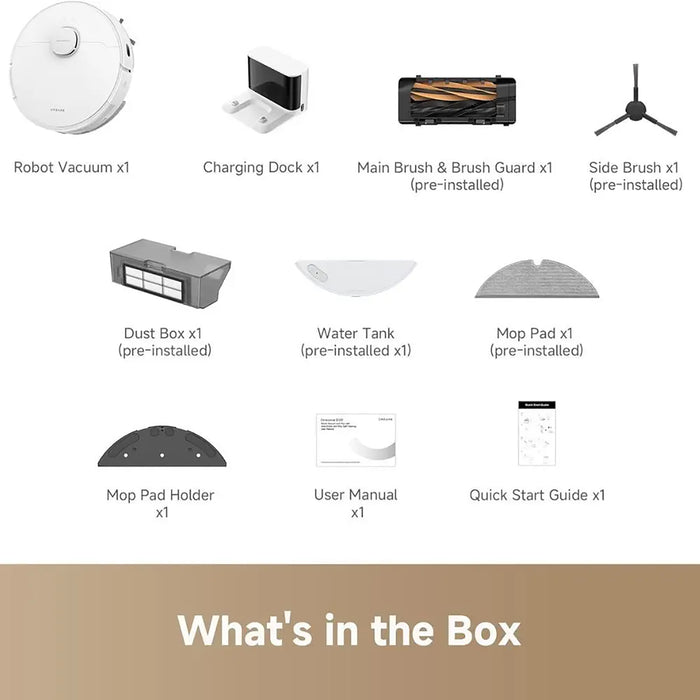 List of items included in a robot vacuum package with icons and text on a white background.