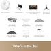List of items included in a robot vacuum package with icons and text on a white background.