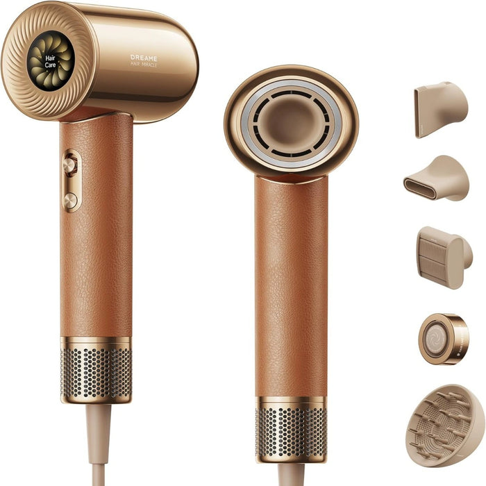 Dreame Hair Miracle Hair Dryer | 5 Tips | Quick Dry | 600 Million Negative Ions | 130,000 RPM High Speed Motor | Lightweight | Quiet | Constant Temperature to 57C | Leather Handle