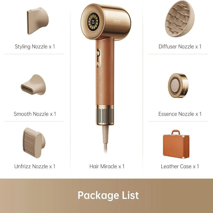 Gold hair dryer with various nozzles and a leather case on a beige background