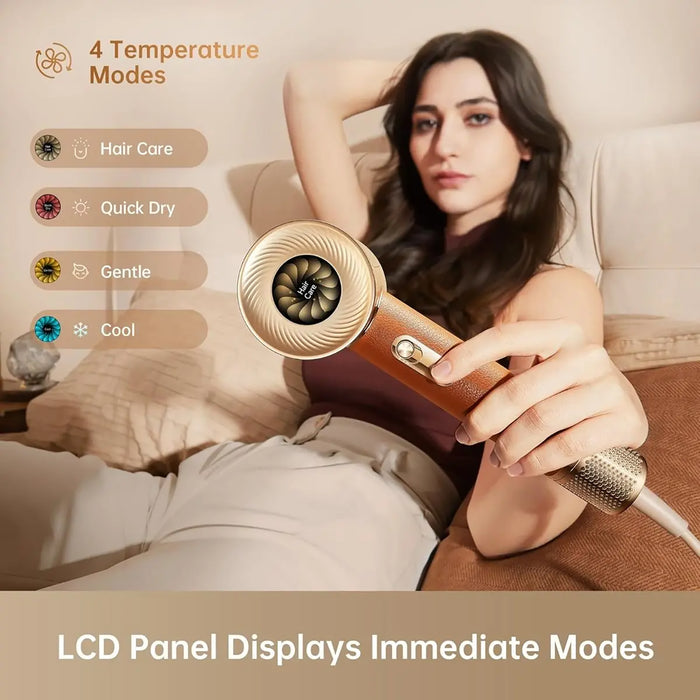 Woman holding a hair dryer with temperature mode options displayed on an LCD panel.
