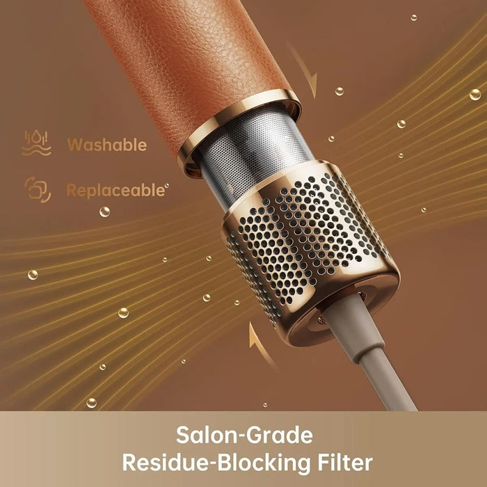 Salon-grade residue-blocking filter with washable and replaceable features on a brown background.