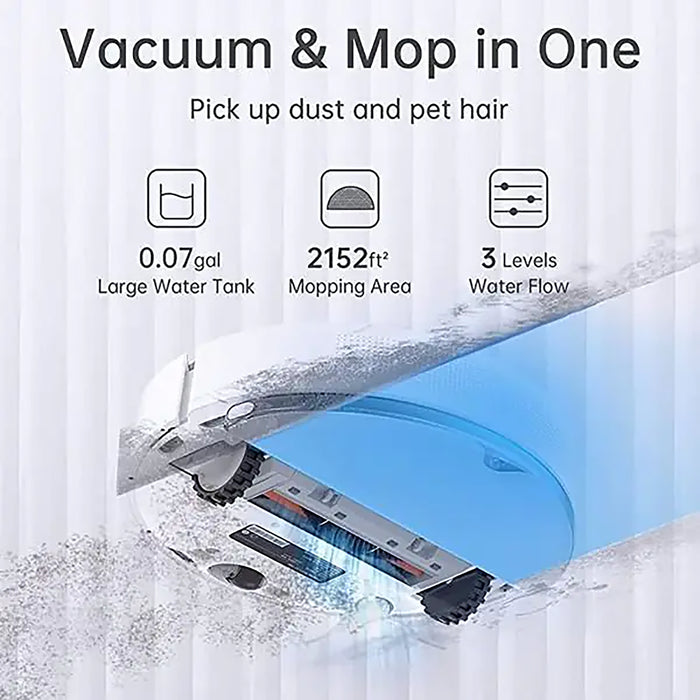 Vacuum and mop device with text highlighting features on a white background
