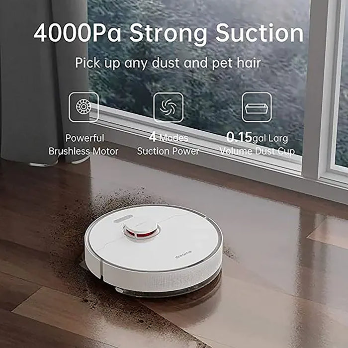 Robotic vacuum cleaner cleaning a wooden floor with text highlighting its features.