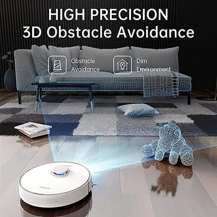 Robotic vacuum cleaner with high precision 3D obstacle avoidance feature in a living room setting.