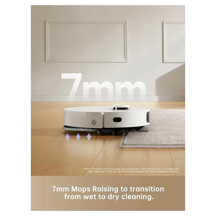 Robotic vacuum cleaner on a wooden floor with text indicating 7mm mopping height.