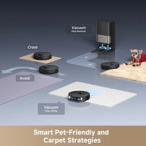 Robotic vacuum cleaner with various cleaning strategies on a gray surface, including 'Cross', 'Avoid', and 'Vacuum'.