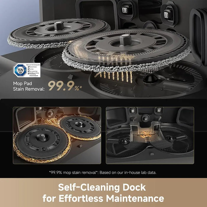 Self-Cleaning Dock with mop pad for effortless maintenance, featuring a TUV logo and text on stain removal.